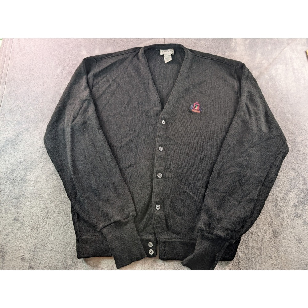 Izod Mens Black V-Neck Button Front Cardigan Sweater XL Crest Logo Knit READ!